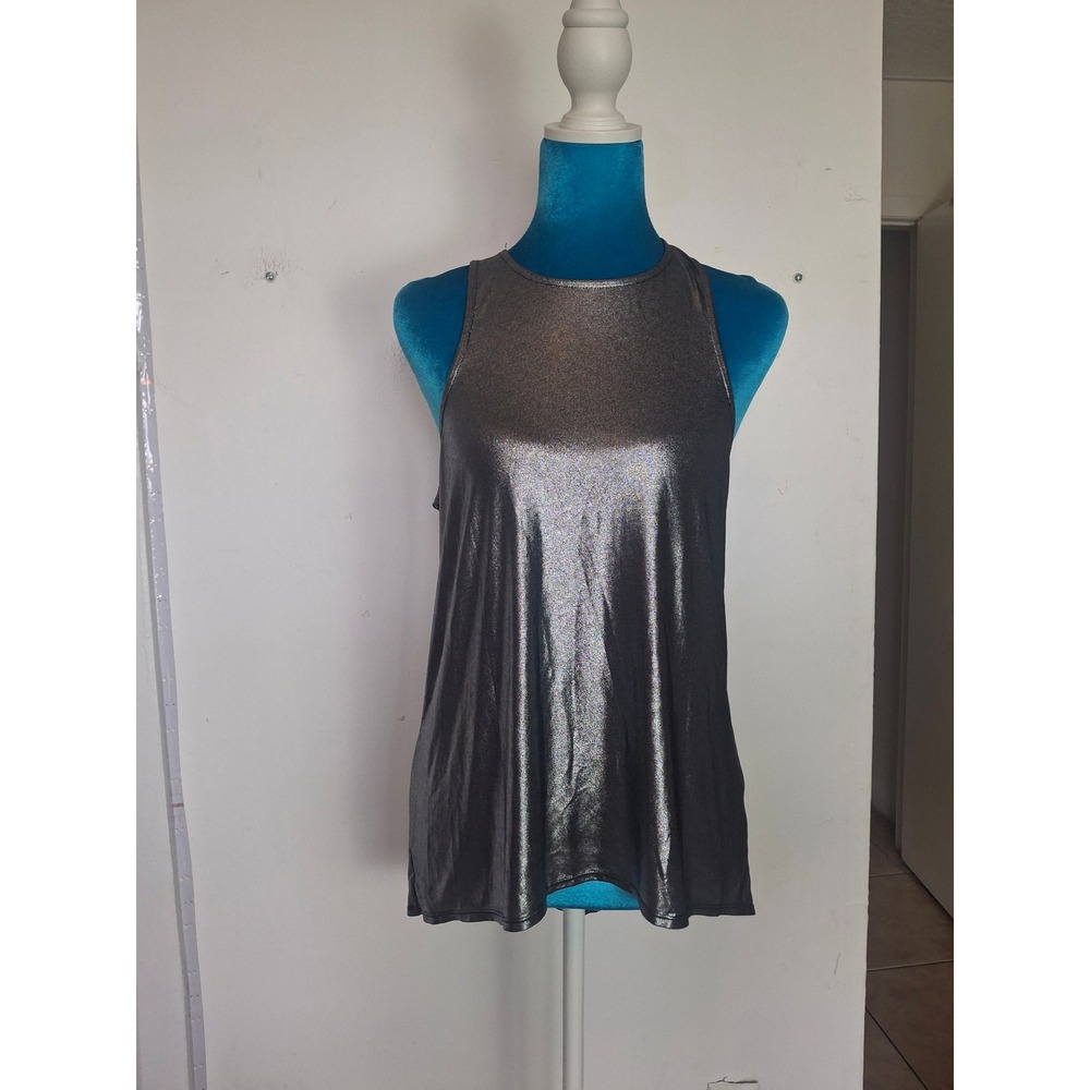 Carbon38 Metallic Gunmetal Silver Racerback Tank Top High Neck Drape Back Medium